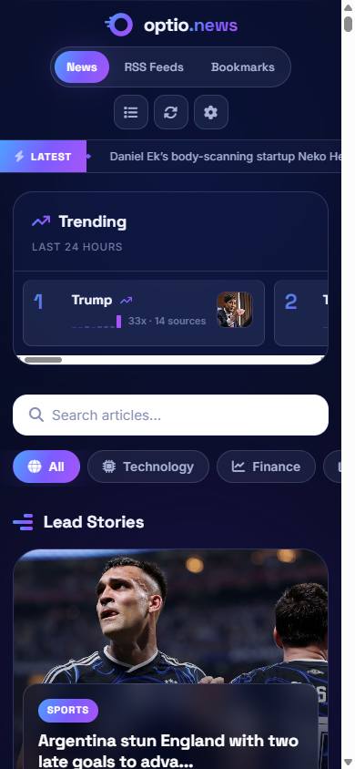 Optio.News mobile interface with trending presented as a horizontal swipe strip above the feed