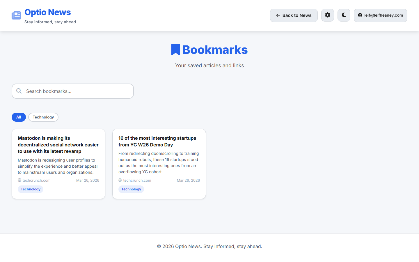 Bookmarks page — save and categorize articles across sessions