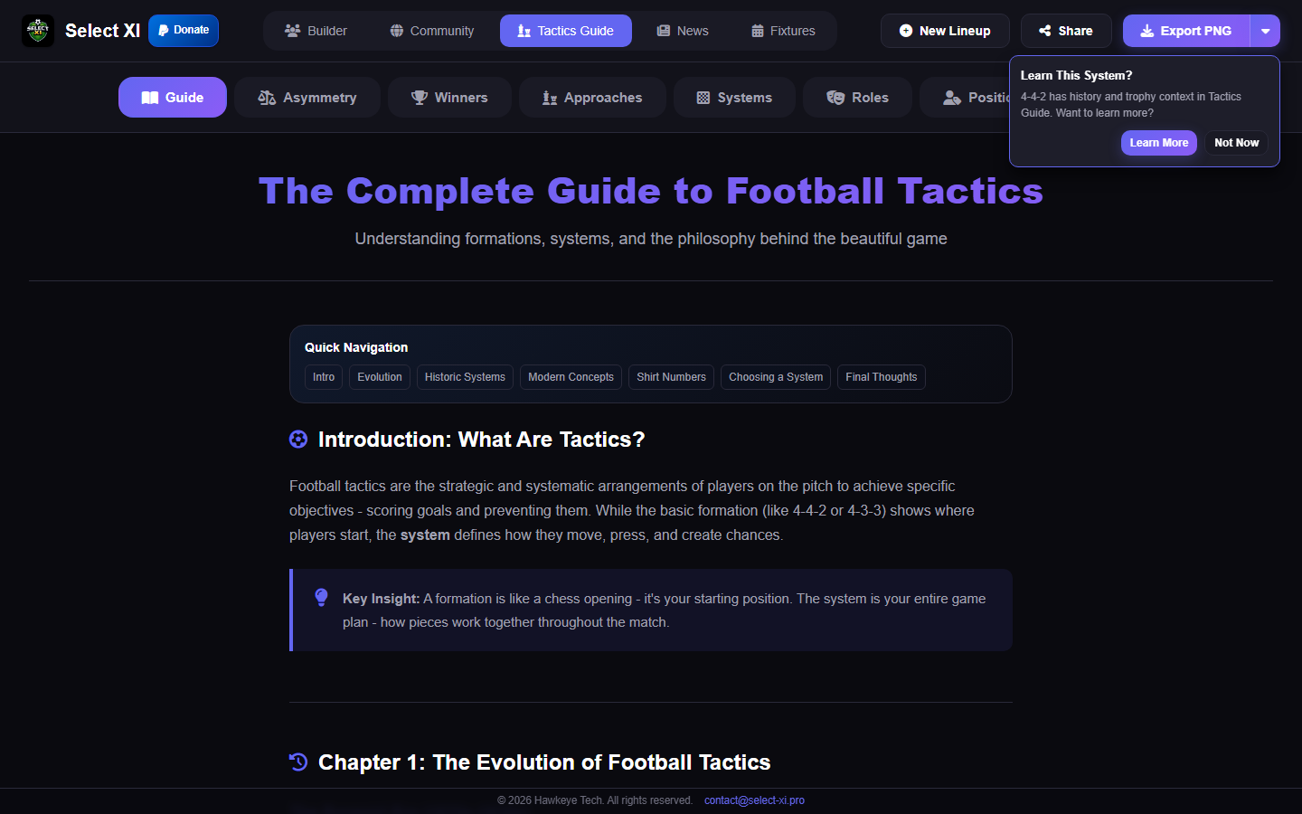 Tactics Guide — 160+ years of football system evolution with formation deep-dives